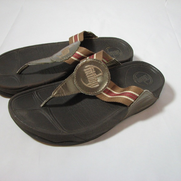 Fitflop Tan Pink Bronze Stripe Sandal Size 7 Women Flip Flops - Picture 5 of 6